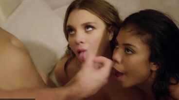 在激情的二女一男中，辣妹们愿意分享他肉感十足的阴茎